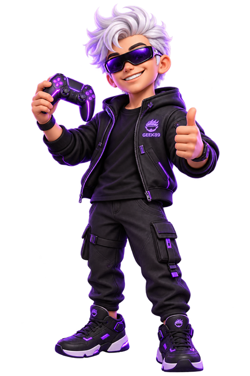 Mascote 3D da Geek89, com cabelo branco, óculos roxos e controle de videogame
